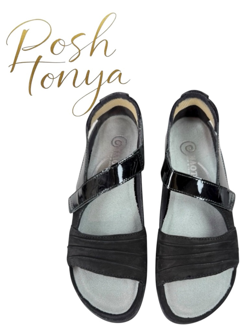 Naot Papaki Black Patent Leather Nubuck Comfort Sandals Size 36 Coastal Travel